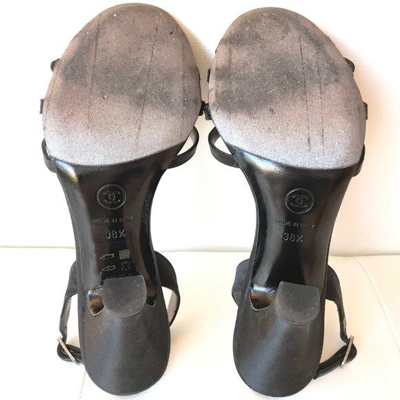 CHANEL BLACK SATIN SLINGBACKS CC LOGO CAMELLIA PETALS 38.5 CHAIN STRASS WEDDING - Picture 14 of 16